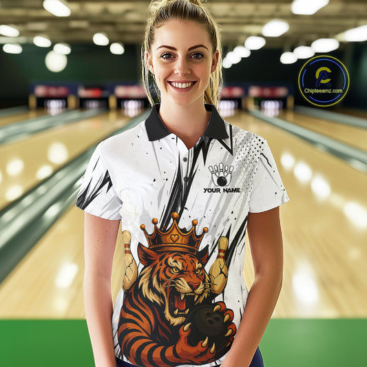 Black and White Tiger Bowling polo, 1/4 zip Shirts for Women Custom Tiger Bowling Team jerseys NQS11298