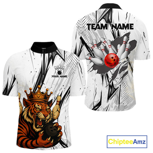 Black and White Tiger Bowling polo, 1/4 zip Shirts for Men Custom Tiger Bowling Team jerseys NQS11298