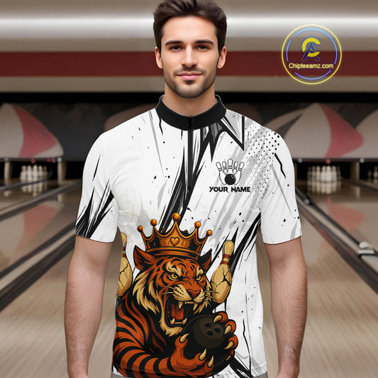 Black and White Tiger Bowling polo, 1/4 zip Shirts for Men Custom Tiger Bowling Team jerseys NQS11298