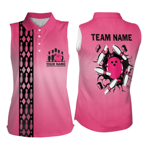 Personalized Black and Pink Retro Bowling Sleeveless Polo Team Shirts For Women Bowling Gifts NQS9422