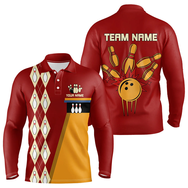 Red & Yellow Retro Bowling Polo, Quarter Zip shirt for Men Custom vintage team bowling jersey NQS9579