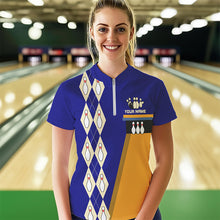 Load image into Gallery viewer, Blue &amp; Yellow Retro Bowling Polo, Quarter Zip shirt for Women Custom vintage team bowling jersey NQS9583