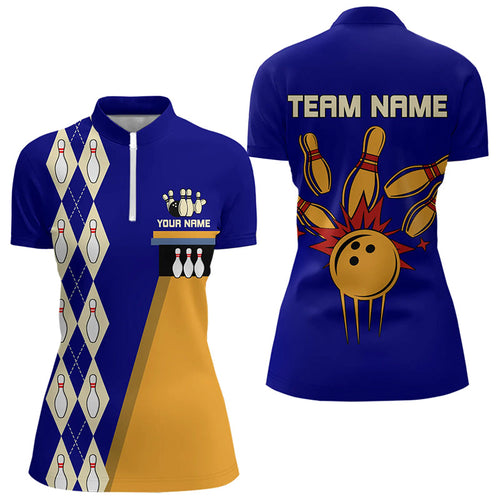 Blue & Yellow Retro Bowling Polo, Quarter Zip shirt for Women Custom vintage team bowling jersey NQS9583