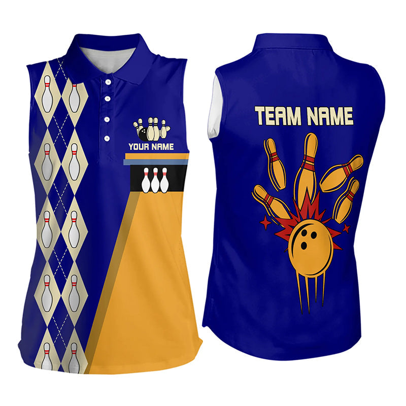 Blue & Yellow Retro Women Sleeveless Polo Shirt Custom vintage team bowling jersey NQS9583