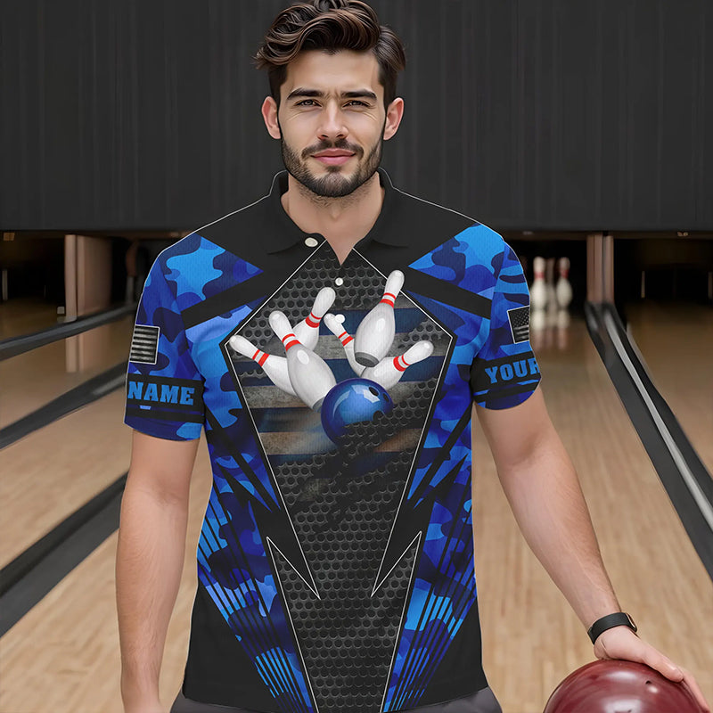 Blue Camo Bowling Polo, Quarter Zip Shirt For Men Custom Bowling Team League Jerseys NQS9733