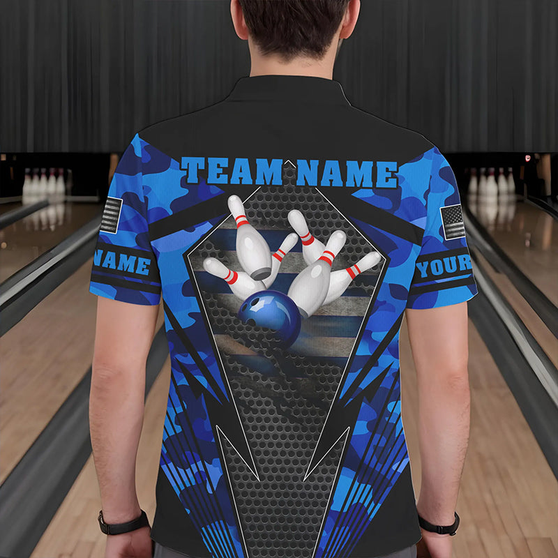 Blue Camo Bowling Polo, Quarter Zip Shirt For Men Custom Bowling Team League Jerseys NQS9733