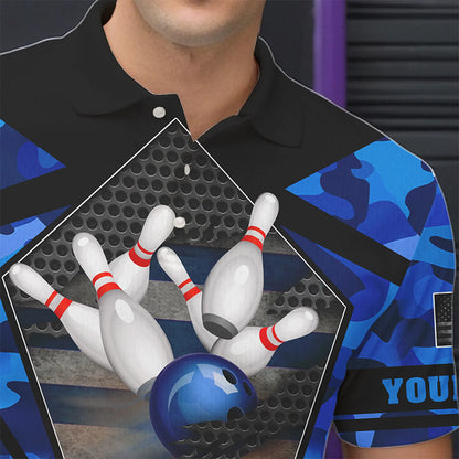 Blue Camo Bowling Polo, Quarter Zip Shirt For Men Custom Bowling Team League Jerseys NQS9733
