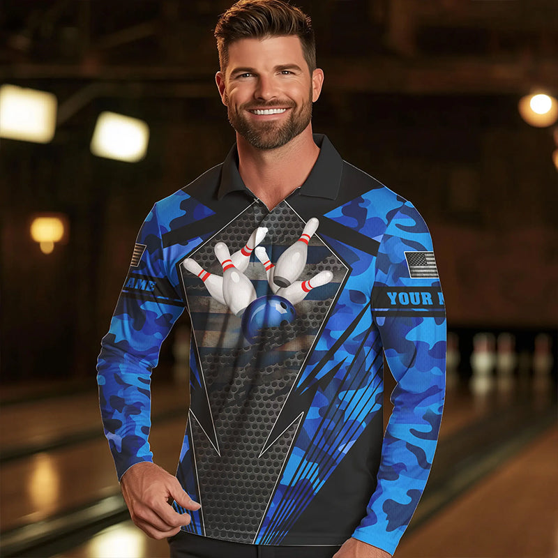 Blue Camo Bowling Polo, Quarter Zip Shirt For Men Custom Bowling Team League Jerseys NQS9733