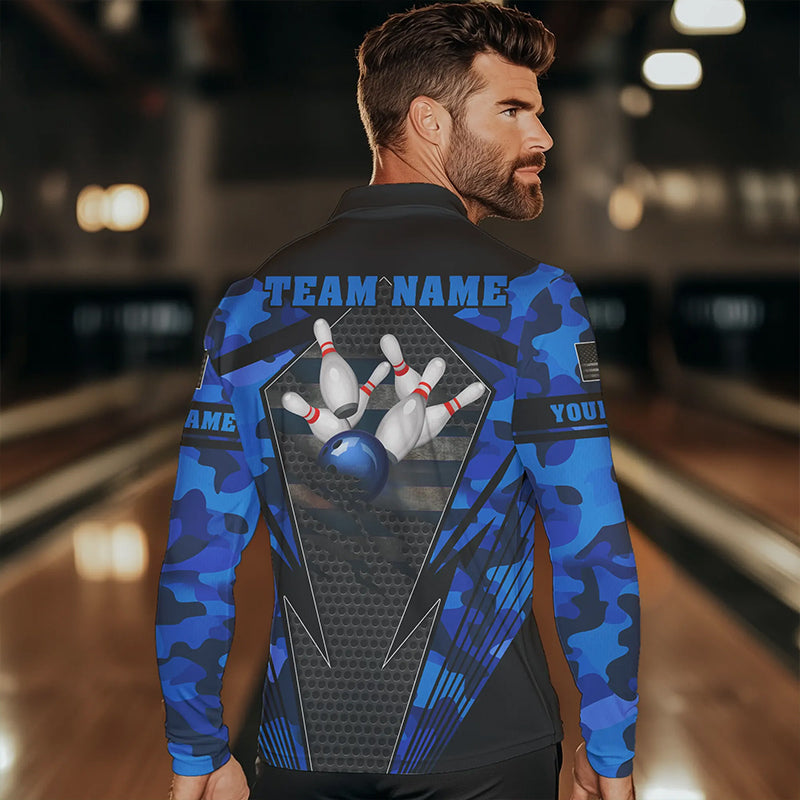 Blue Camo Bowling Polo, Quarter Zip Shirt For Men Custom Bowling Team League Jerseys NQS9733