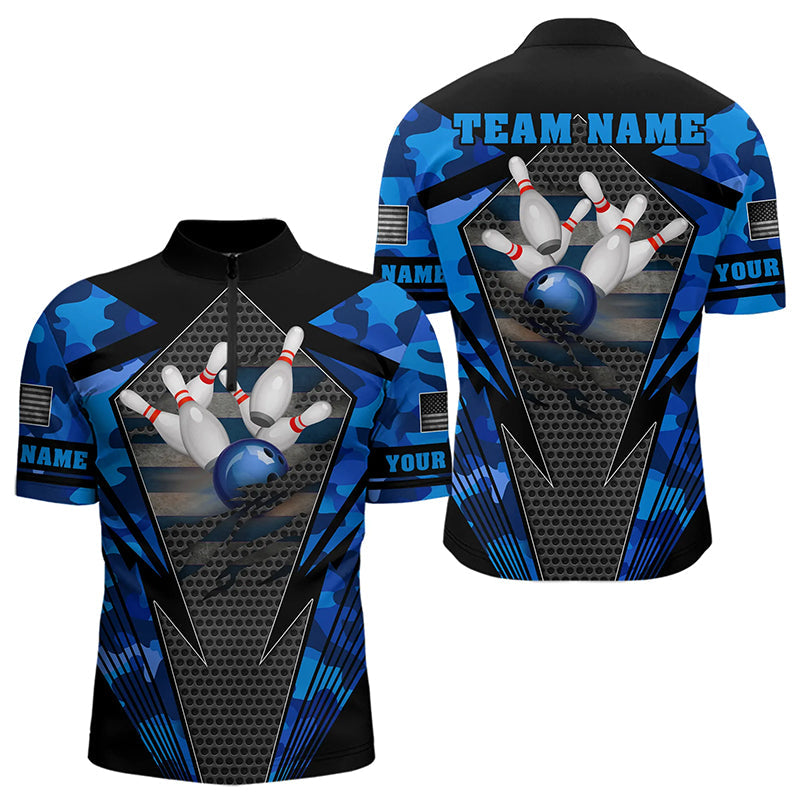 Blue Camo Bowling Polo, Quarter Zip Shirt For Men Custom Bowling Team League Jerseys NQS9733