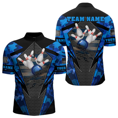 Blue Camo Bowling Polo, Quarter Zip Shirt For Men Custom Bowling Team League Jerseys NQS9733