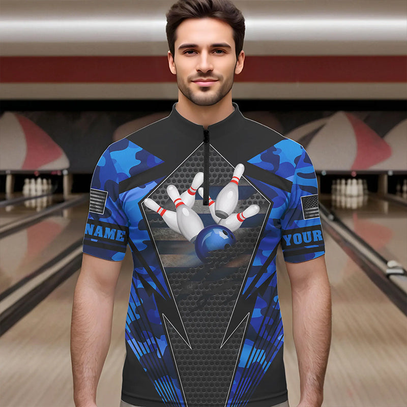 Blue Camo Bowling Polo, Quarter Zip Shirt For Men Custom Bowling Team League Jerseys NQS9733