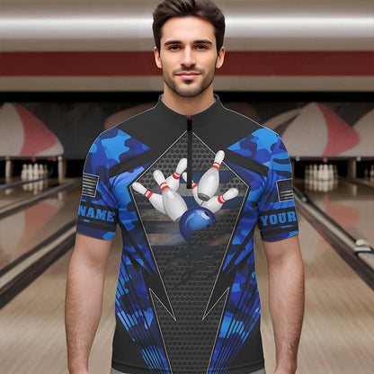 Blue Camo Bowling Polo, Quarter Zip Shirt For Men Custom Bowling Team League Jerseys NQS9733