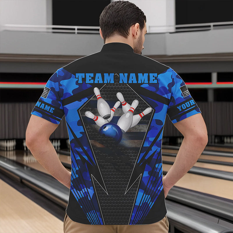 Blue Camo Bowling Polo, Quarter Zip Shirt For Men Custom Bowling Team League Jerseys NQS9733