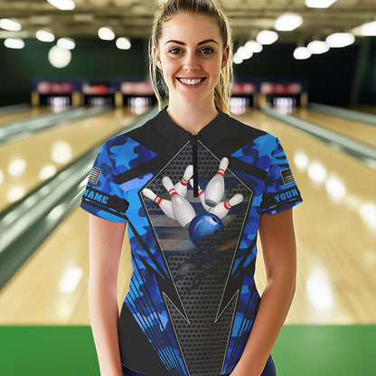 Blue Camo Bowling Polo, Quarter Zip Shirt For Women Custom Bowling Team League Jerseys NQS9733