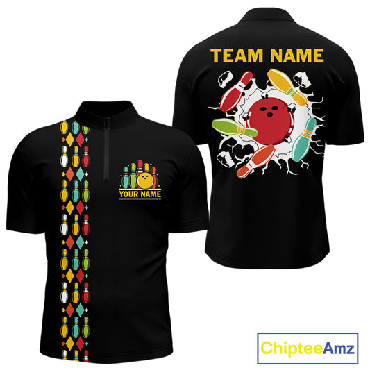 Personalized Black and Colorful Retro Bowling Polo, 1/4 Zip Team Shirts For Men Custom Bowling Gifts NQS11106