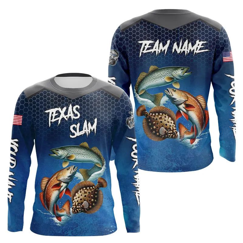 Blue Texas Slam fishing Custom performance long sleeve team Redfish, Trout, Flounder fishing shirt NQS9239