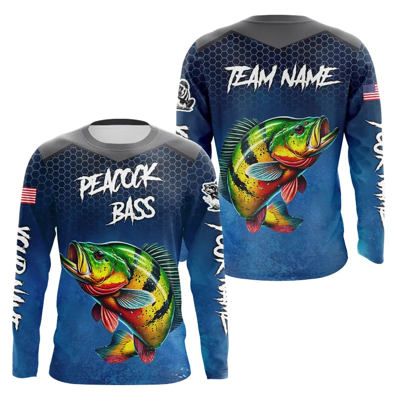 Blue camo Peacock Bass fishing Custom performance long sleeve team Bass fishing tournament shirts NQS9240