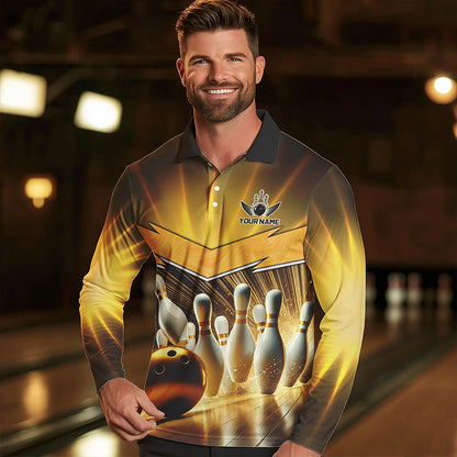 Custom Name Black And Gold Bowling Jerseys For Men, Bowling Team Polo, Quarter-Zip Shirts NQS9745
