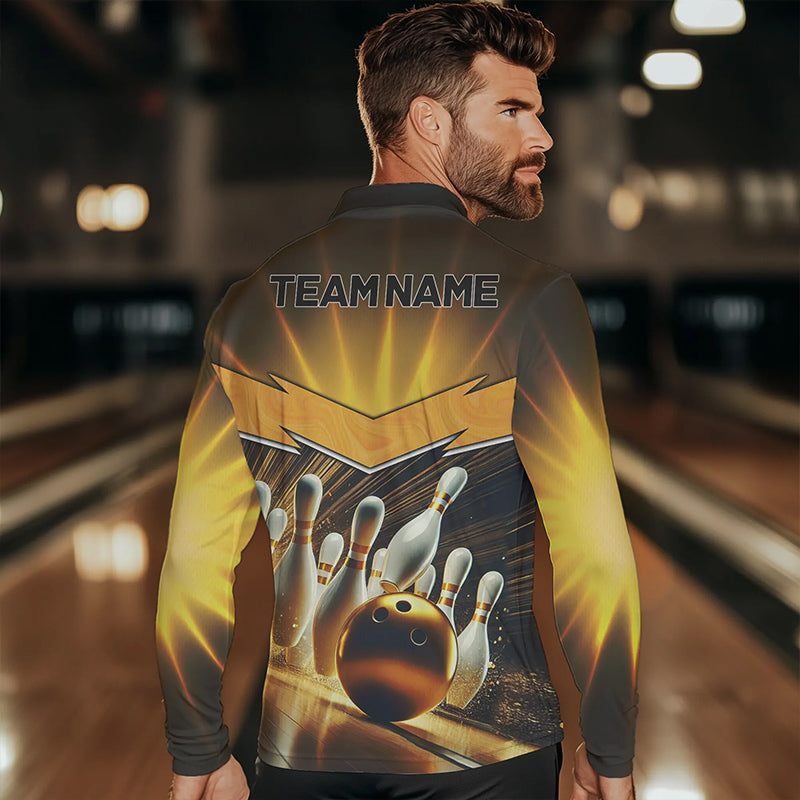 Custom Name Black And Gold Bowling Jerseys For Men, Bowling Team Polo, Quarter-Zip Shirts NQS9745