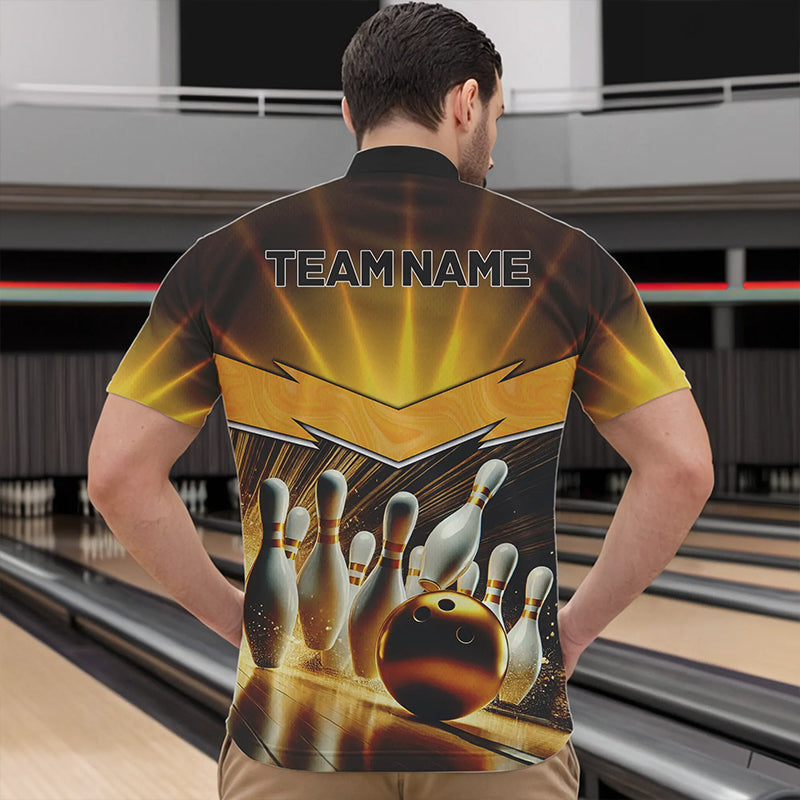 Custom Name Black And Gold Bowling Jerseys For Men, Bowling Team Polo, Quarter-Zip Shirts NQS9745
