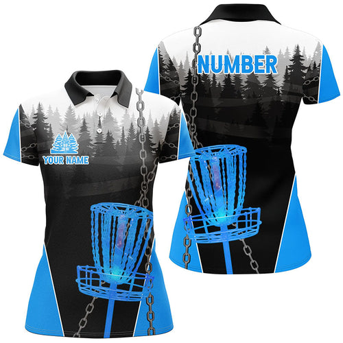 Womens Disc golf polo shirts custom black chain disc golf jerseys, disc golf outfit | Blue NQS7517