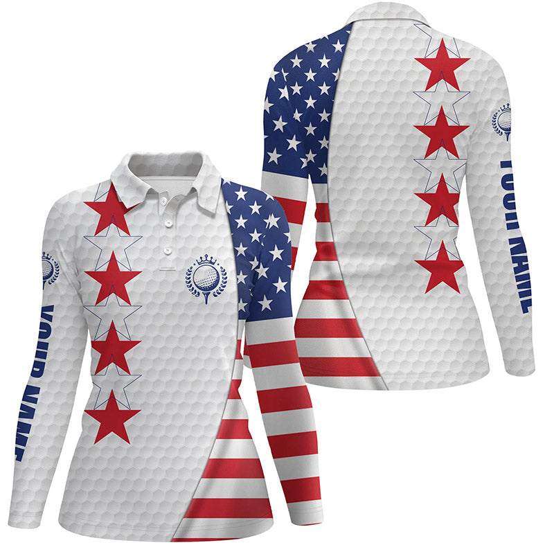 American flag Womens golf polo shirt custom patriotic white golf ball skin shirt for ladies NQS7888