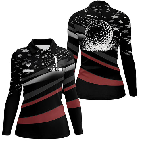 Black American flag custom patriotic Womens golf polo shirts, unique golf gifts NQS7894