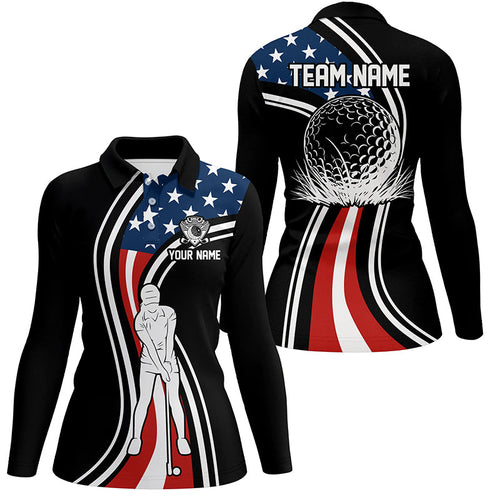 Black American flag custom Womens golf polo shirts, personalized patriot golf gifts for ladies NQS7896