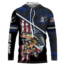 Load image into Gallery viewer, American Flag Walleye fishing blue camo Custom Name UV Protection Fishing Shirts NQS3641