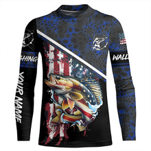 Load image into Gallery viewer, American Flag Walleye fishing blue camo Custom Name UV Protection Fishing Shirts NQS3641
