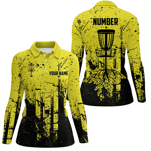 Black & yellow grunge pattern Women Disc golf polo shirt custom disc golf jerseys, disc golf attire NQS8101