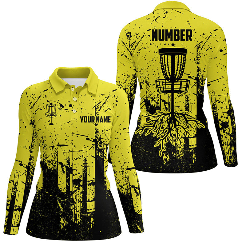 Black & yellow grunge pattern Women Disc golf polo shirt custom disc golf jerseys, disc golf attire NQS8101