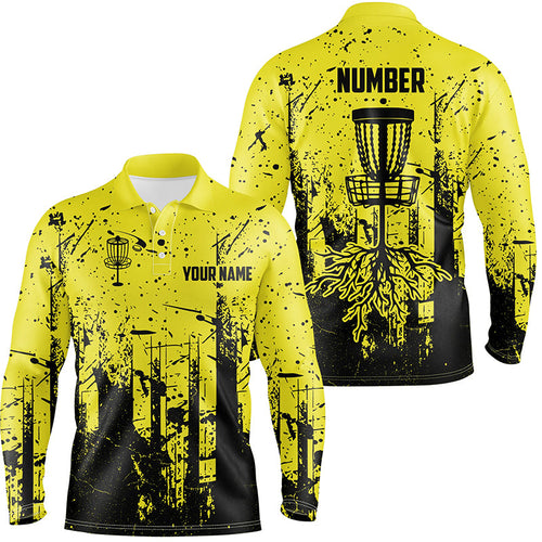 Black & yellow grunge pattern Mens Disc golf polo shirts custom disc golf jerseys, disc golf attire NQS8101