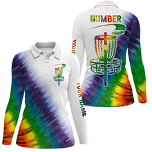 Load image into Gallery viewer, Womens disc golf polo shirts with colorful rainbow tie die disc golf basket custom disc golf apparel NQS6202