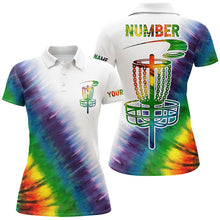 Load image into Gallery viewer, Womens disc golf polo shirts with colorful rainbow tie die disc golf basket custom disc golf apparel NQS6202