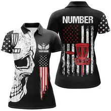 Load image into Gallery viewer, Black American flag Womens disc golf polo shirts custom name, number patriotic disc golf skull apparel NQS6205