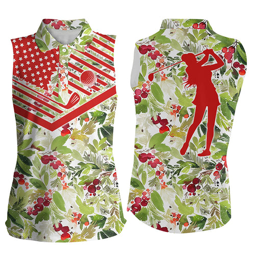 Womens sleeveless polo shirt Christmas pattern American flag golf shirt NQS4185