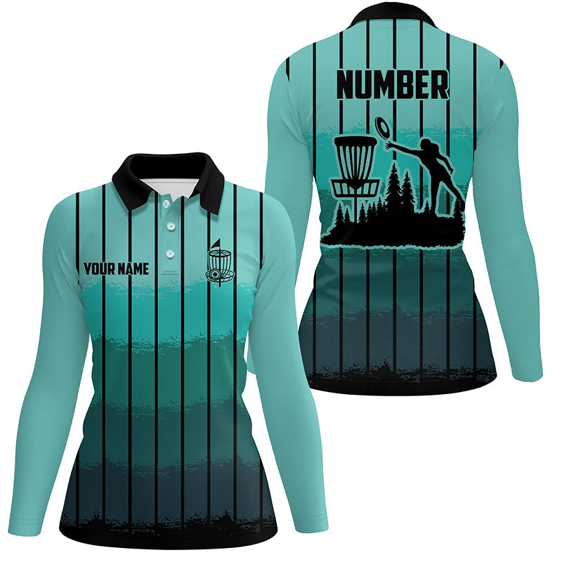 Mint Blue stripe Retro disc golf polo shirt for women custom name and number disc golf jerseys NQS8780