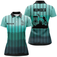 Load image into Gallery viewer, Mint Blue stripe Retro disc golf polo shirt for women custom name and number disc golf jerseys NQS8780