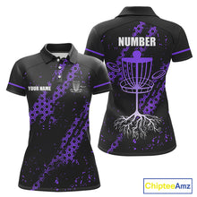 Load image into Gallery viewer, Black and Purple Hexagon Pattern Womens Disc golf polo shirts custom Team disc golf jerseys NQS10931