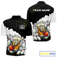 Load image into Gallery viewer, Funny Beer Glass Black and White Bowling Polo, 1/4 Zip Shirts for Men Custom Bowling Team Jersey NQS10933