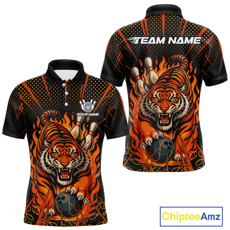 Personalized Tiger Bowling Shirts For men, Black and Orange Flame Team Tiger Bowling Jerseys NQS11110