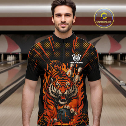Personalized Tiger Bowling Shirts For men, Black and Orange Flame Team Tiger Bowling Jerseys NQS11110