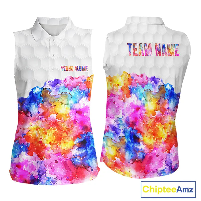 Colorful watercolor Sleeveless polo shirts Custom team golf outfit, Personalized ladies golf top NQS11315