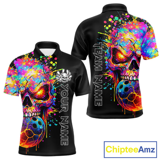 Colorful Skull bowling jerseys Bowling Polo, 1/4 zip Shirt Custom Bowling Team shirt for mens bowlers NQS11317