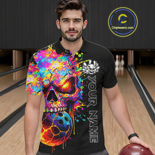 Colorful Skull bowling jerseys Bowling Polo, 1/4 zip Shirt Custom Bowling Team shirt for mens bowlers NQS11317