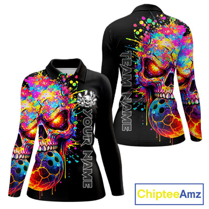 Colorful Skull bowling jerseys Bowling Polo, 1/4 zip Shirt Custom Bowling Team shirt for ladies NQS11317