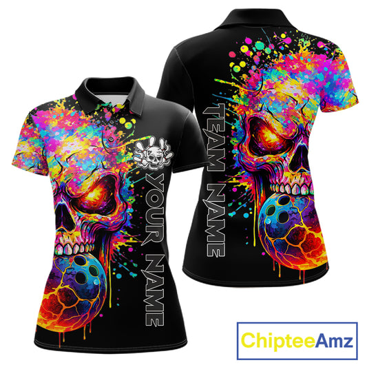 Colorful Skull bowling jerseys Bowling Polo, 1/4 zip Shirt Custom Bowling Team shirt for ladies NQS11317