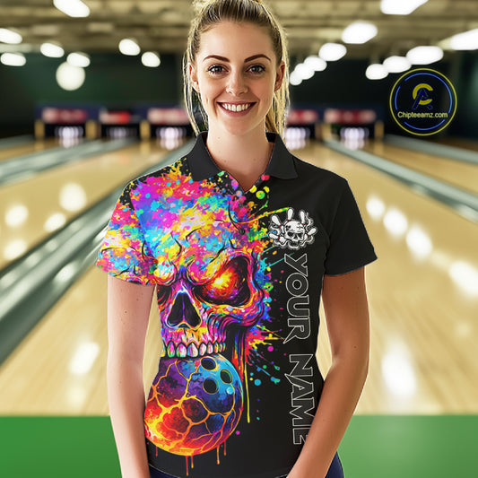 Colorful Skull bowling jerseys Bowling Polo, 1/4 zip Shirt Custom Bowling Team shirt for ladies NQS11317